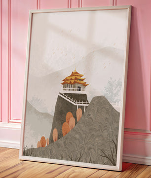 Serene landscape with traditional pagoda and autumn trees