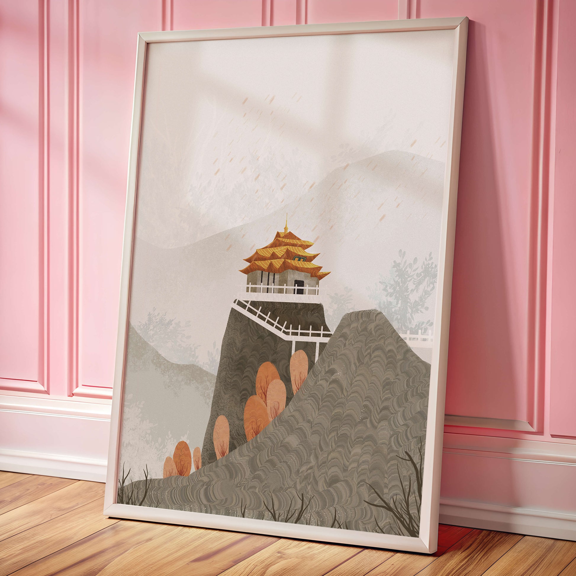 Serene landscape with traditional pagoda and autumn trees