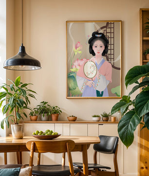 Elegant traditional Asian woman in pastel attire with floral background