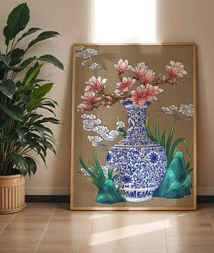 Arreglo floral elegante en un jarrón de porcelana azul y blanco con magnolias