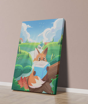 Fox Reading a Book in Scenic Green Landscape with Watermelon Slices