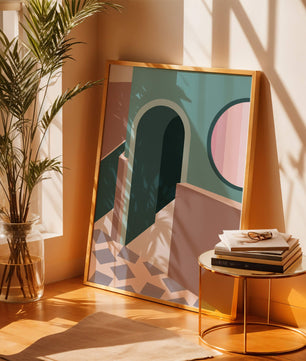 Abstract architectural scene with geometrical shapes
