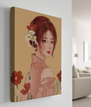 Portrait élégant d'une femme avec des ornements floraux et une expression douce
