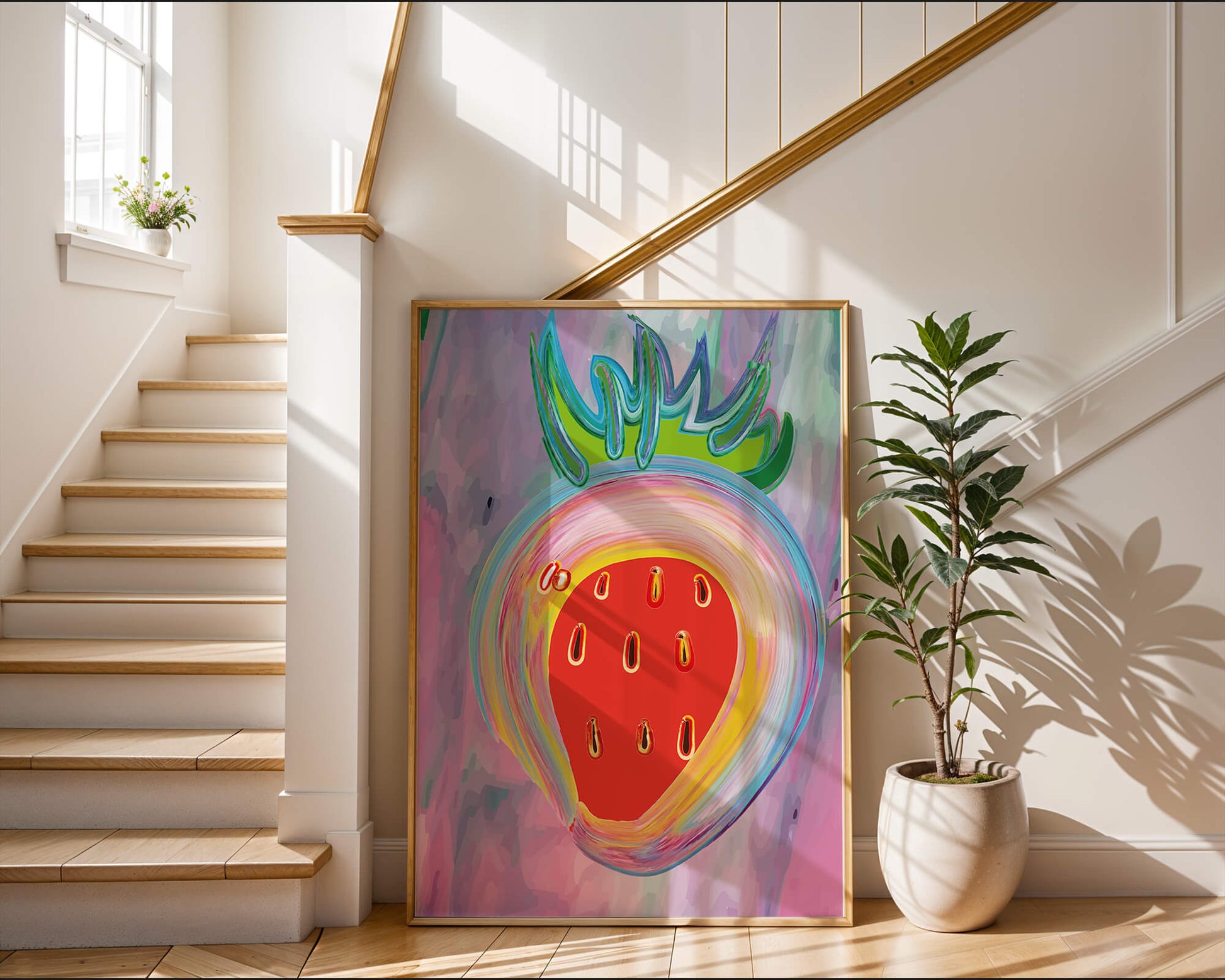 Colorful abstract strawberry with vibrant brush strokes