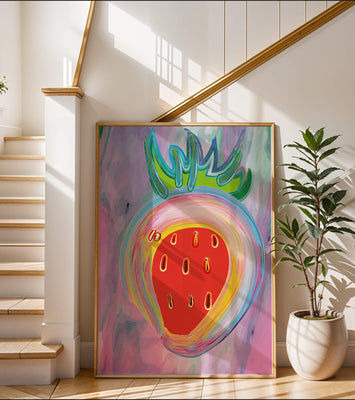 Colorful abstract strawberry with vibrant brush strokes