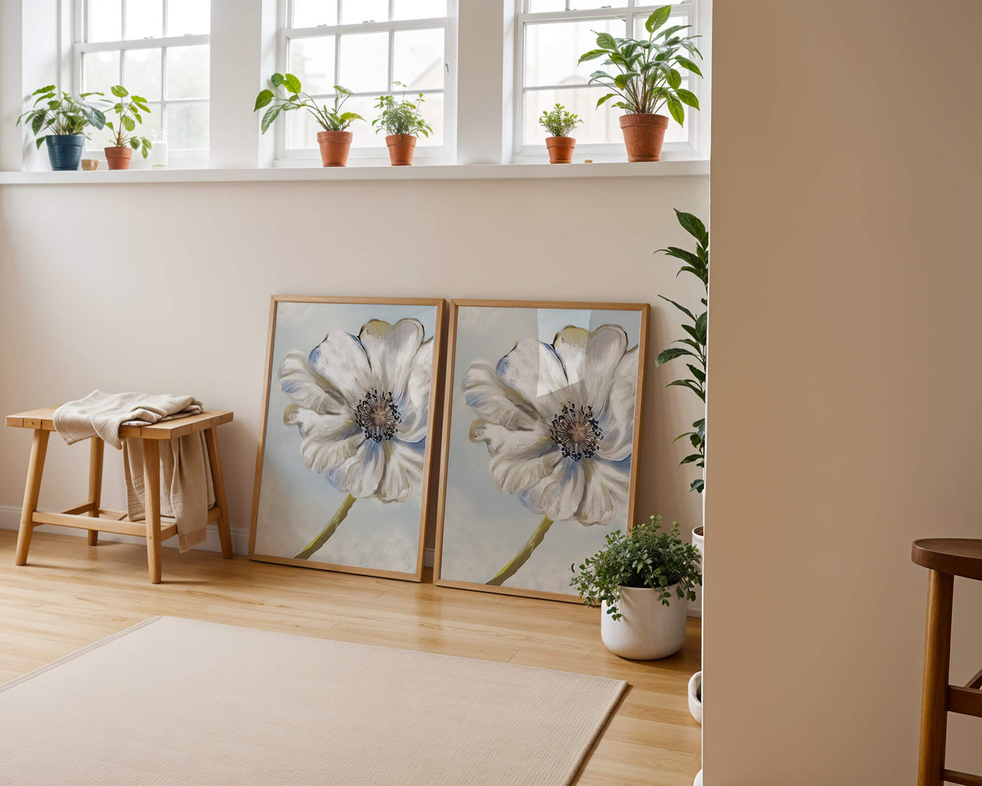 Captivating white flower art with blue hues on a pastel background