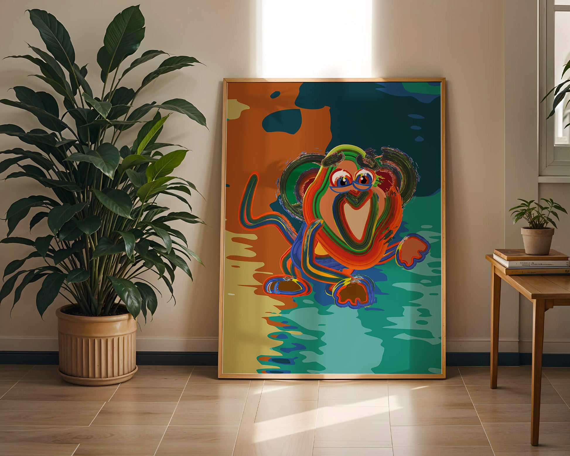 Ilustración abstracta y colorida de un mono con pinceladas audaces
