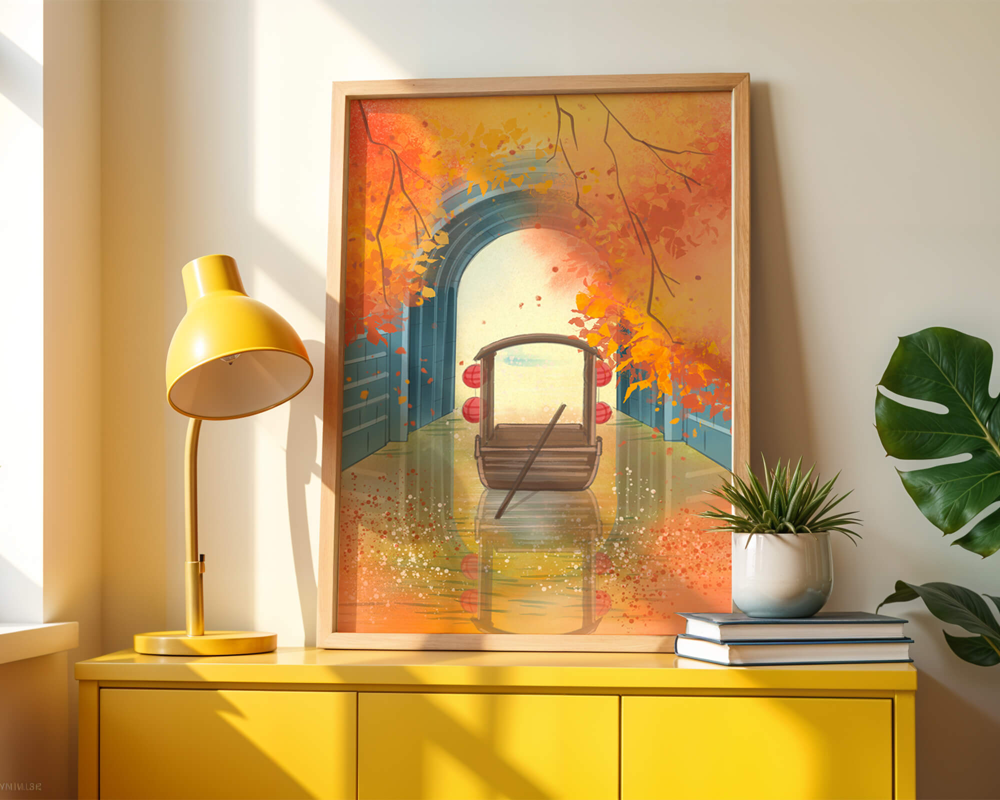 Serene autumn scene with archway and wooden boat