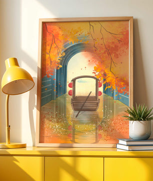 Serene autumn scene with archway and wooden boat