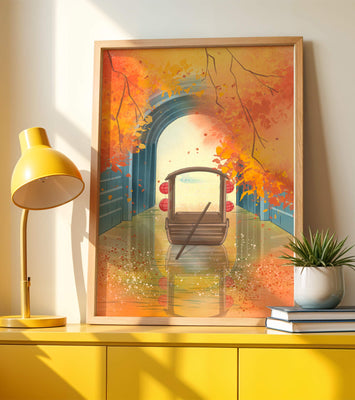 Serene autumn scene with archway and wooden boat