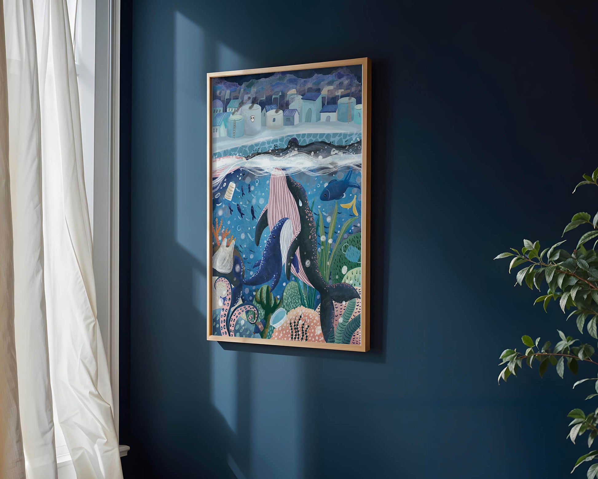 Whimsical Underwater City with Marine Life and Pollution