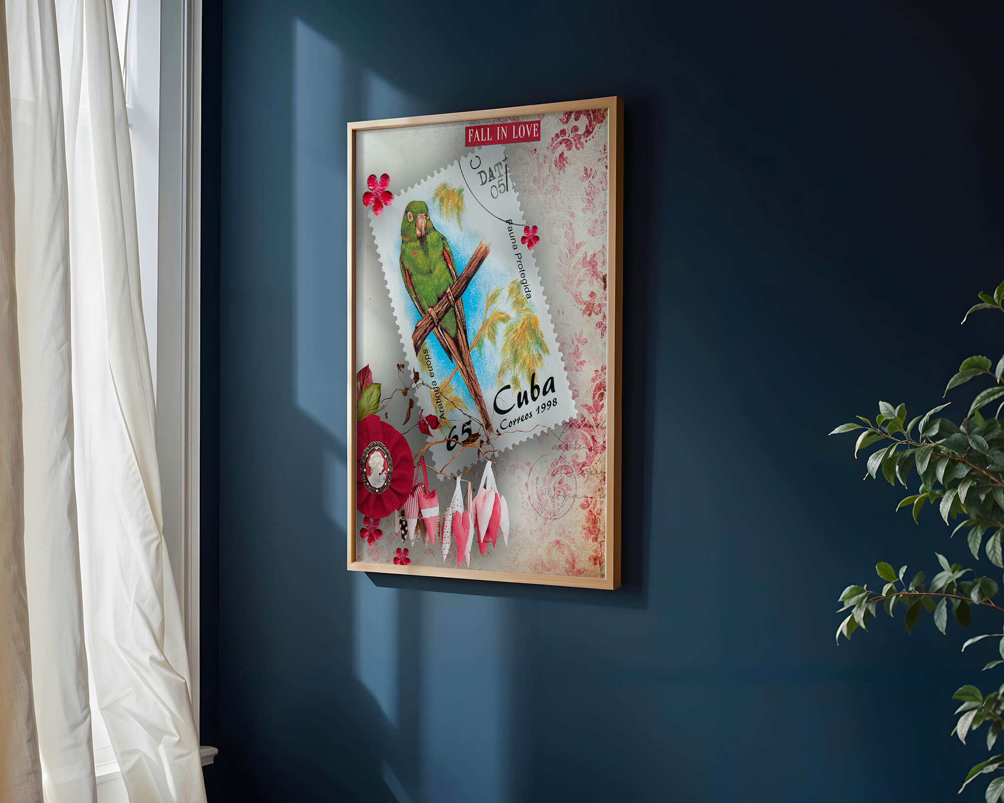 Vintage Cuban parrot stamp with romantic decorations