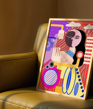 Abstrakte geometrische Kunst mit einer weiblichen Figur in leuchtenden Farben