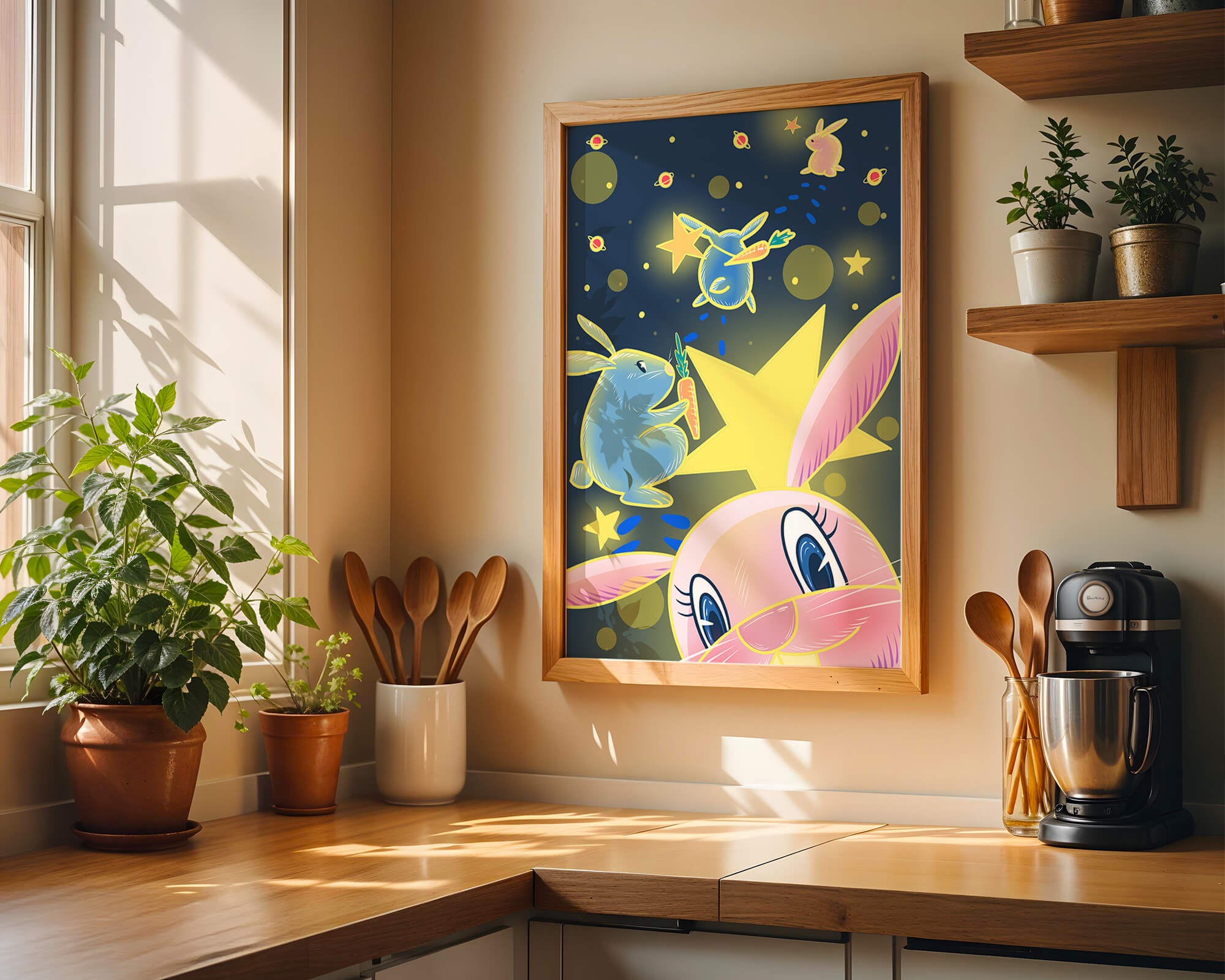 Playful bunnies with carrots and stars in a whimsical space scene