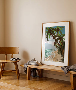 Tranquil Beach Scene with Palm Trees and Sailboats