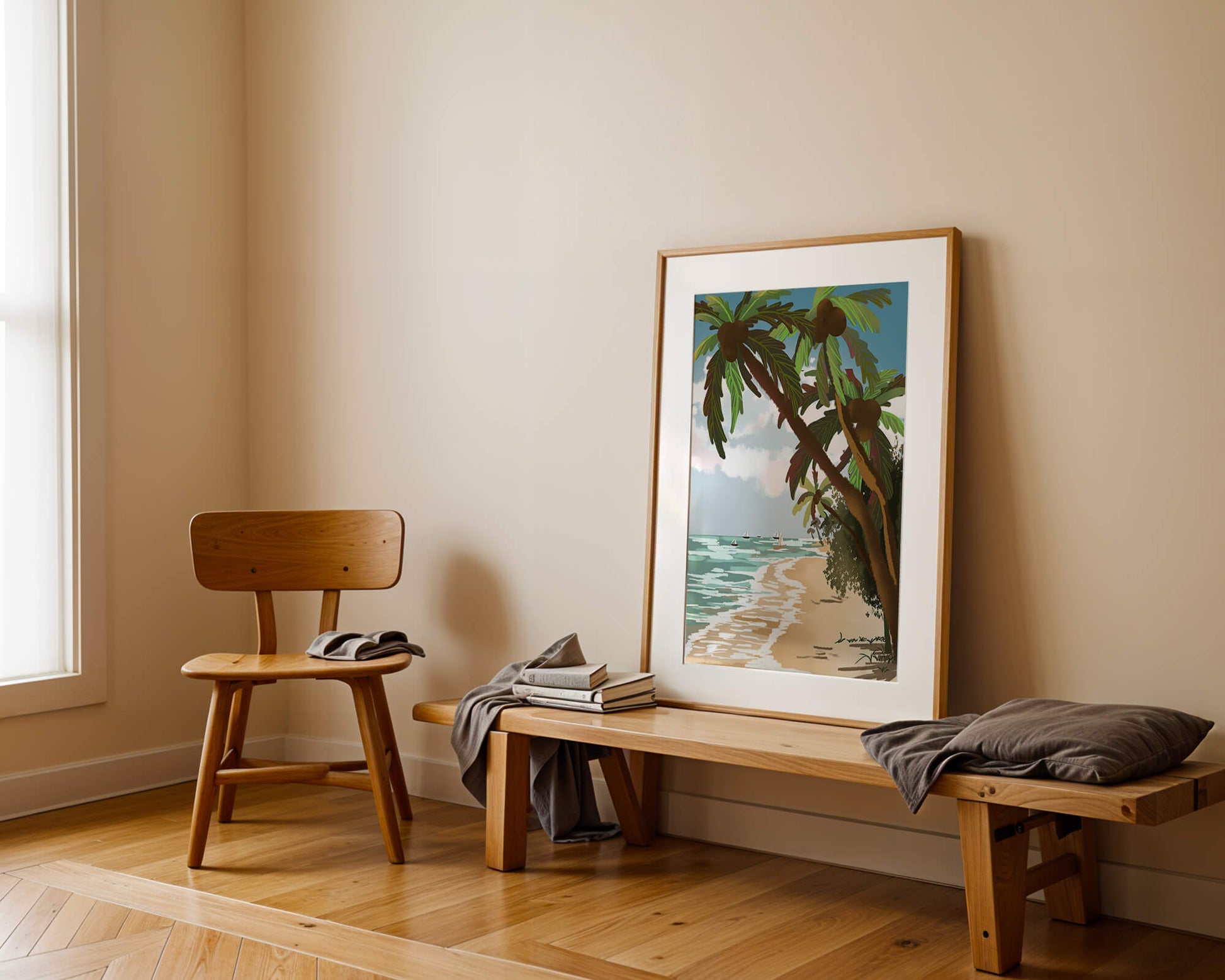 Tranquil Beach Scene with Palm Trees and Sailboats