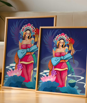 Colorful illustration of a woman in traditional attire with floral headdress