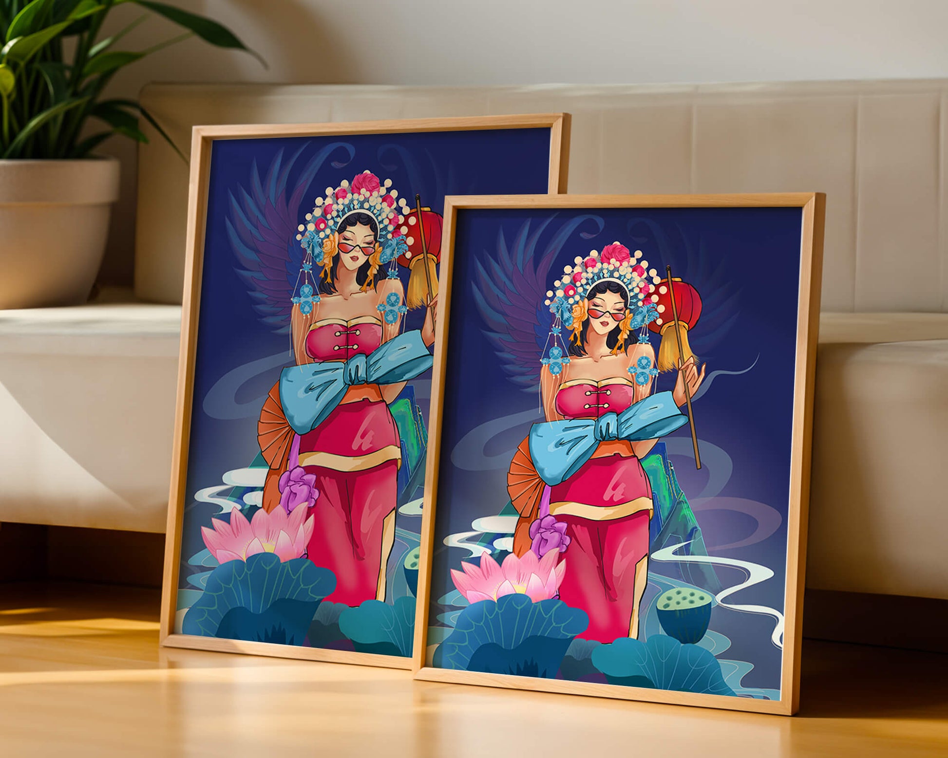 Colorful illustration of a woman in traditional attire with floral headdress