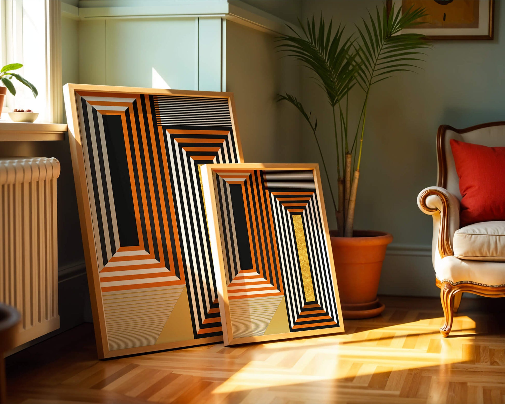 Geometric Abstract Art with Stripes and Gold Element in Orange, Black, and White