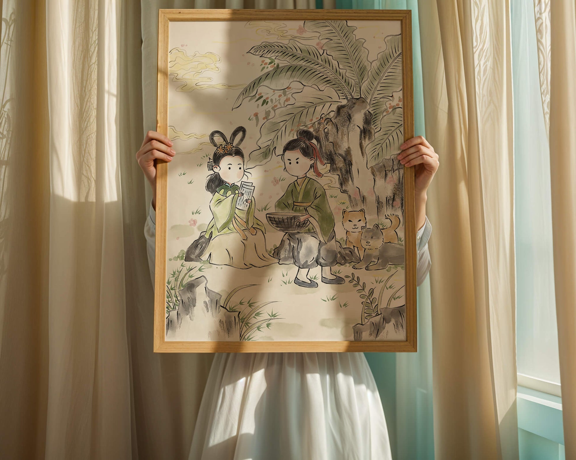 Arte asiático tradicional con dos personas y perros bajo un árbol