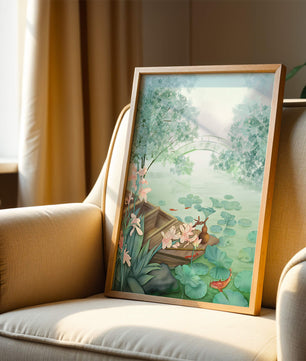 Serene Pond with Wooden Boat and Bridge Under Misty Sky - Mi tienda