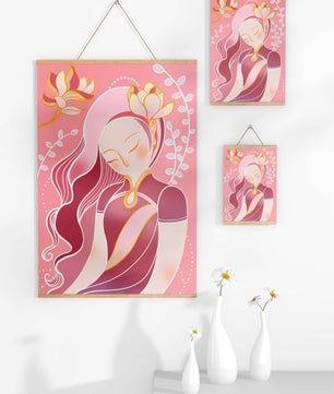 Elegant floral-themed female portrait with golden accents