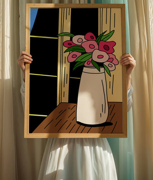 Abstract illustration of flowers in a vase on a wooden table