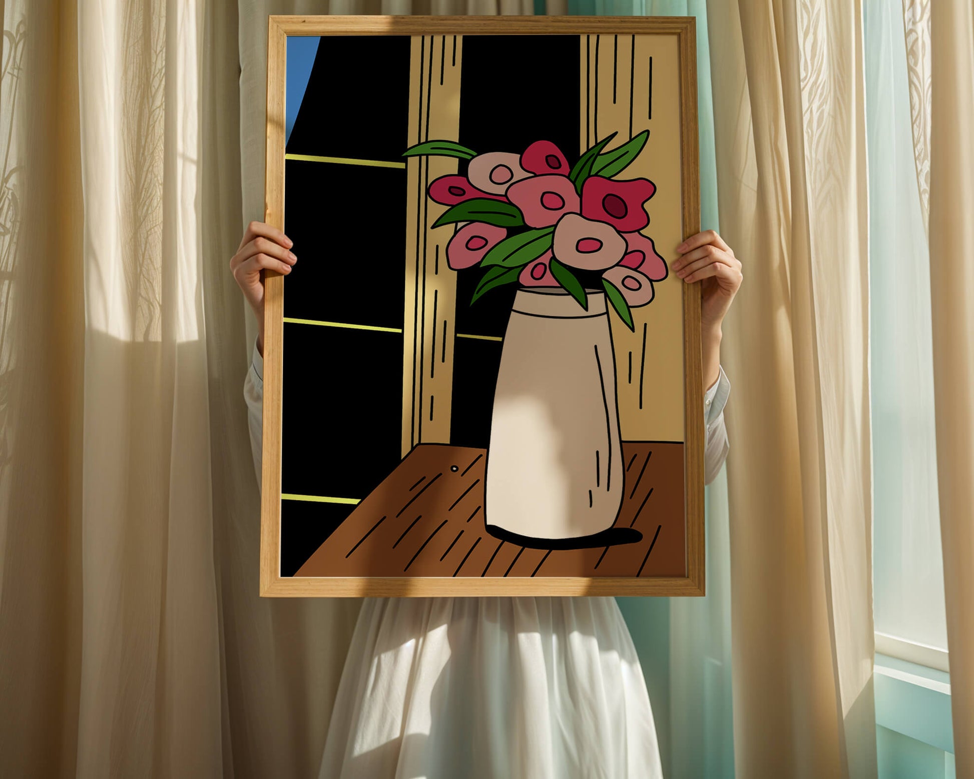 Abstract illustration of flowers in a vase on a wooden table