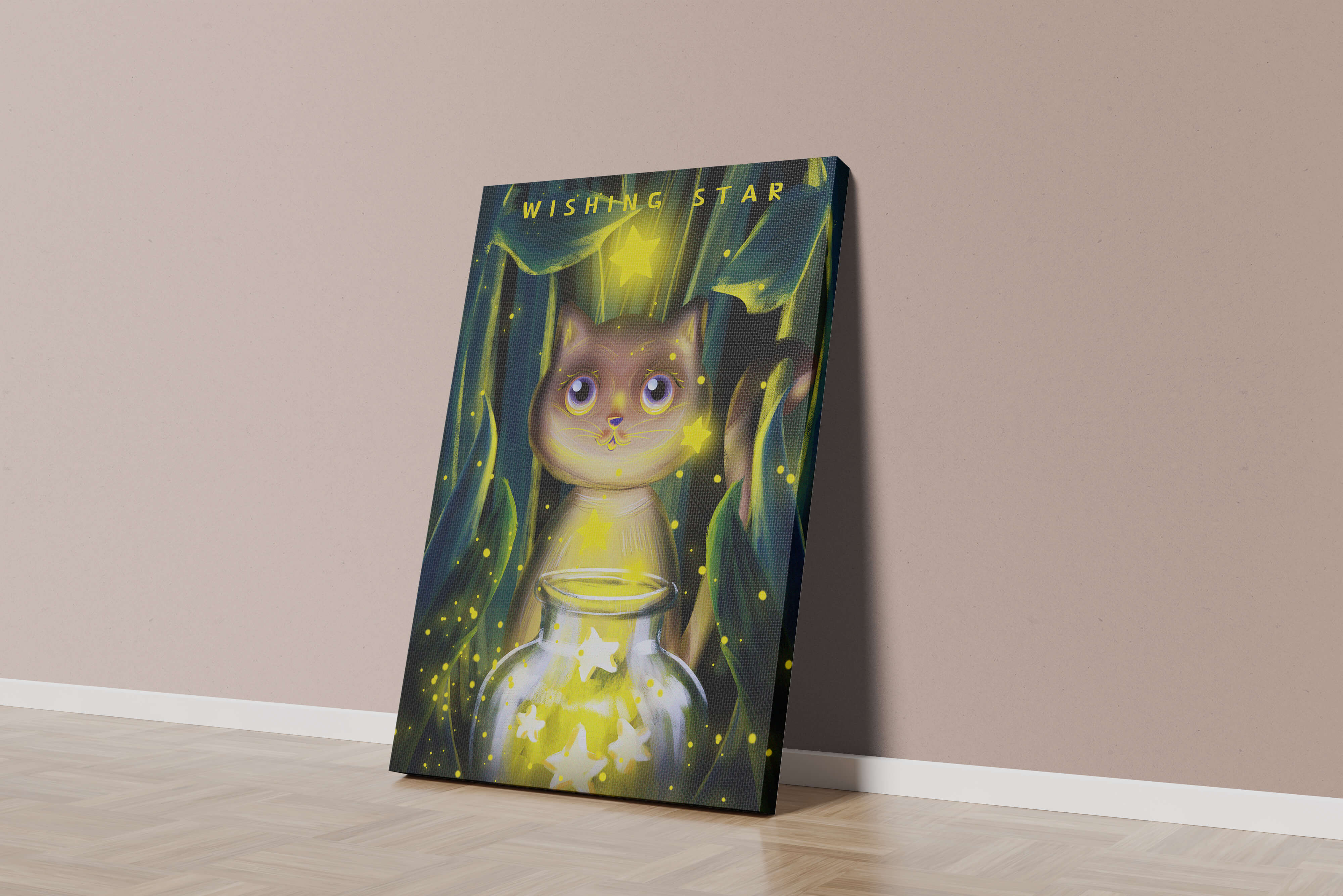 Cat under starry night in a magical forest setting