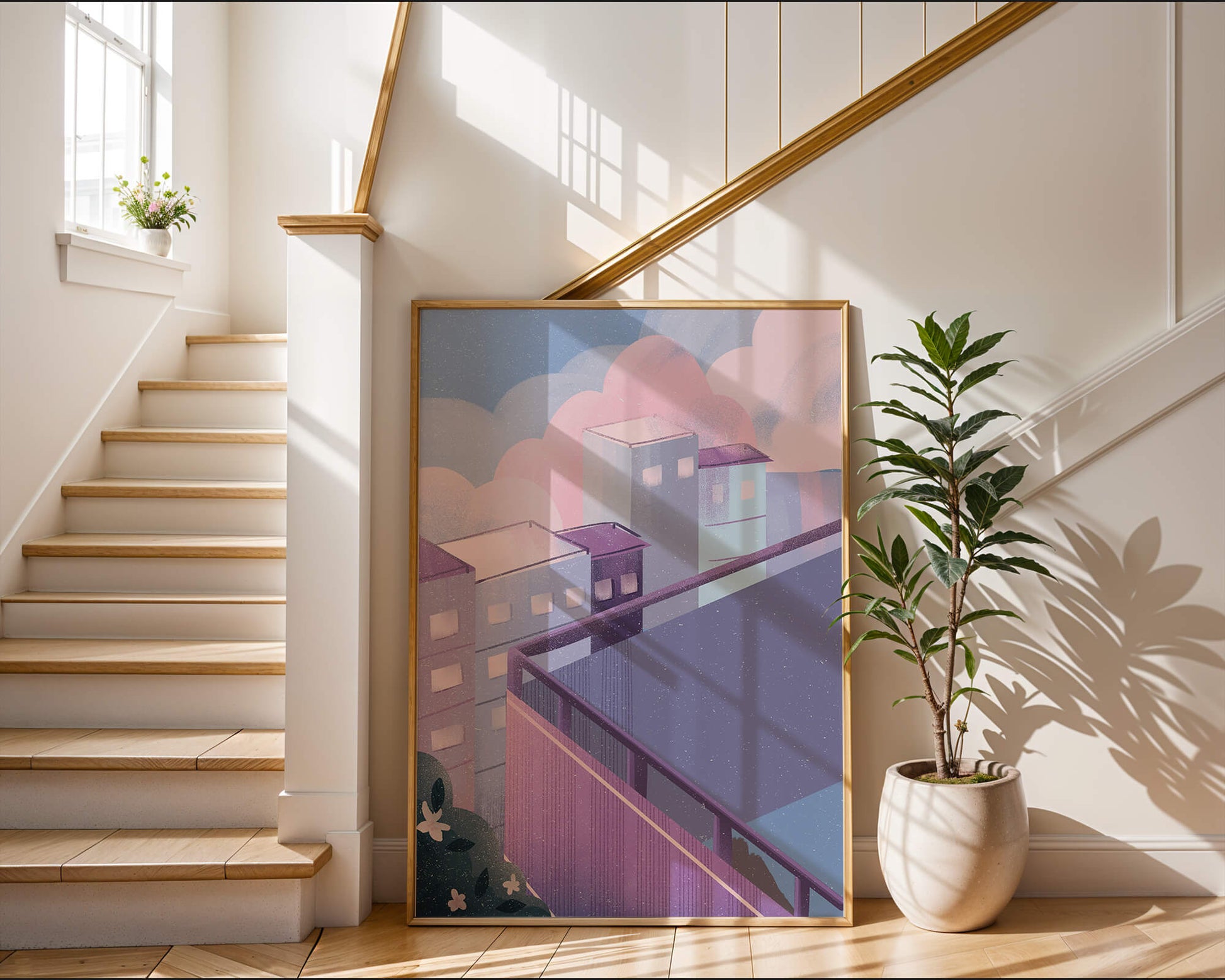 Urban Pastel Scene with Buildings and Pink Clouds