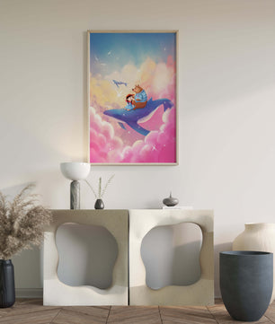 Fantasy illustration of girl and bear riding a whale through colorful clouds