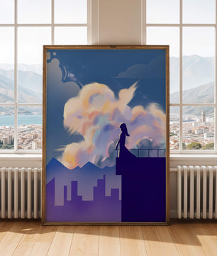 Silhouette of a woman on rooftop against a dreamy sky with colorful clouds