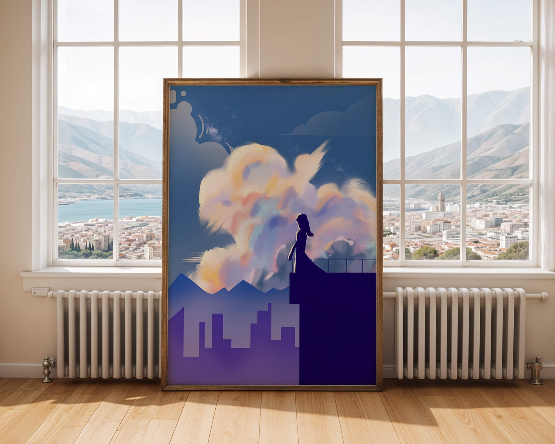 Silhouette of a woman on rooftop against a dreamy sky with colorful clouds