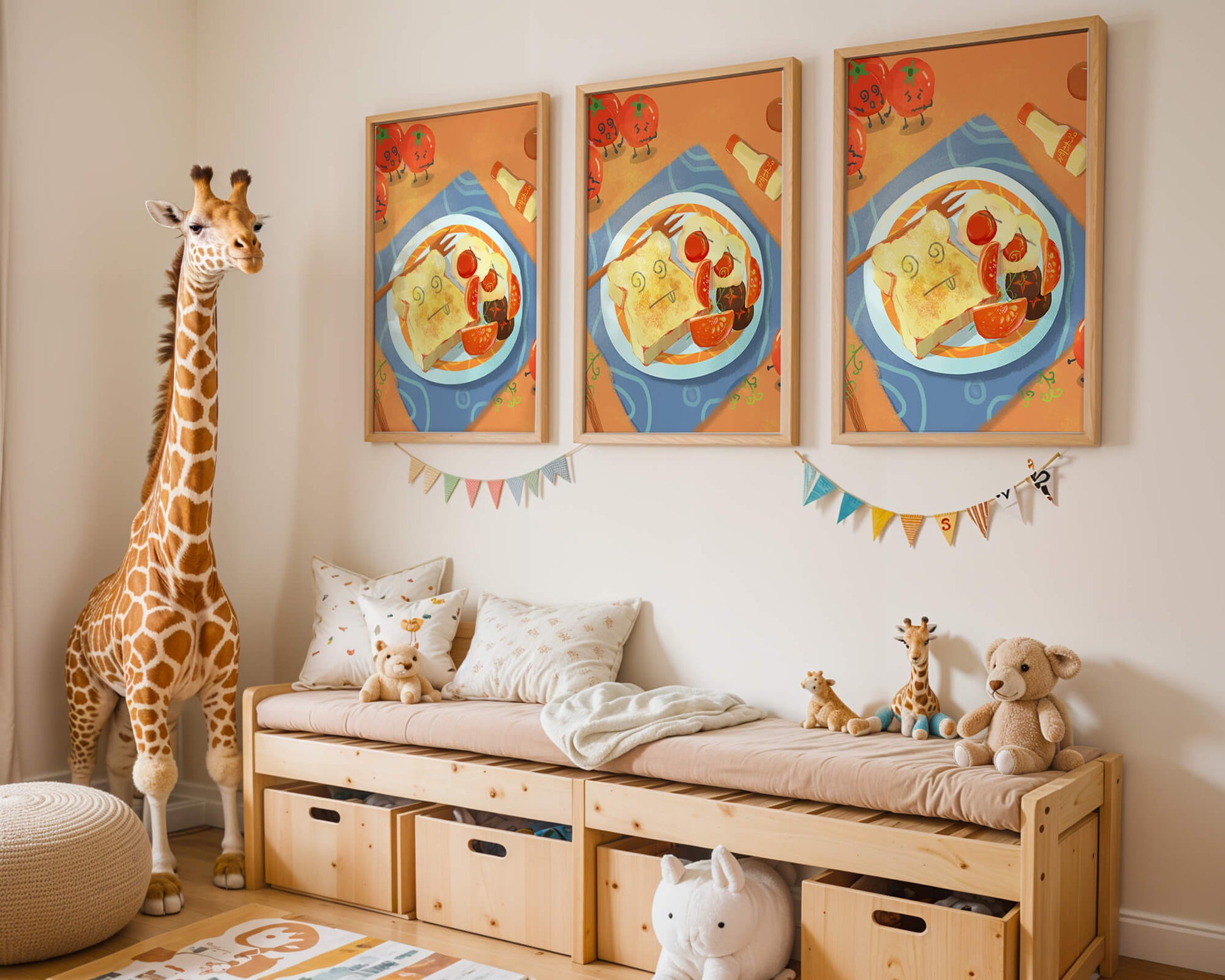 Desayuno caprichoso con tomates animados y tostadas en un plato brillante