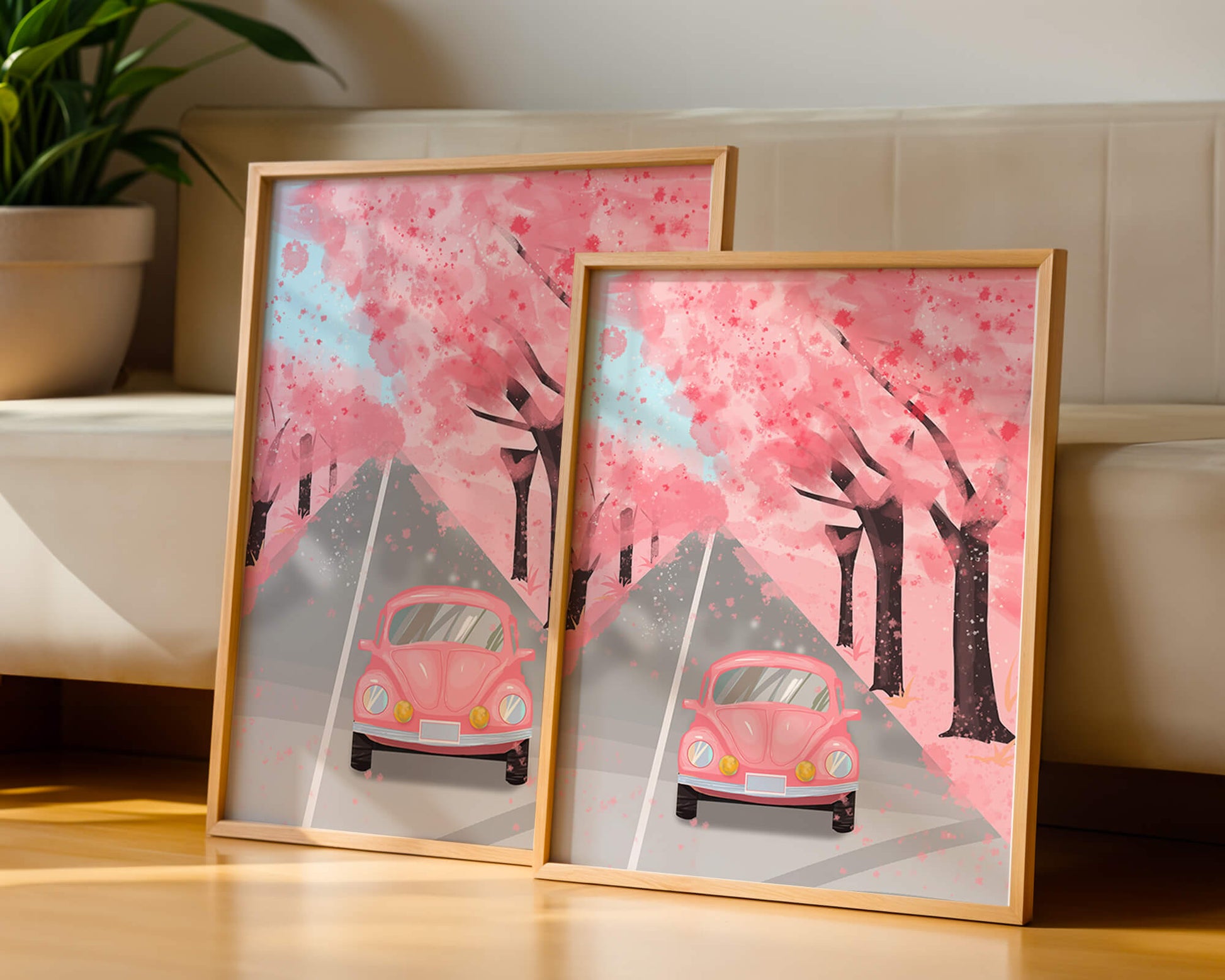 Pink vintage car on a cherry blossom road