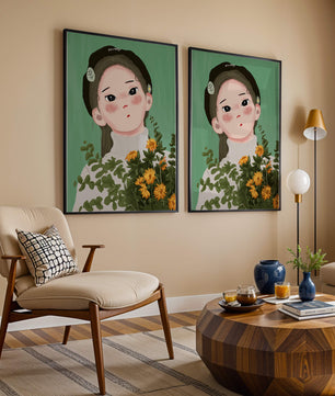 Illustration of a girl with flowers and a beret on a green background