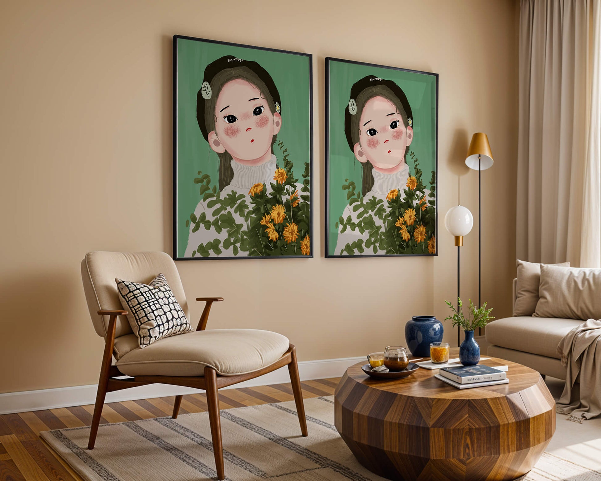 Illustration of a girl with flowers and a beret on a green background