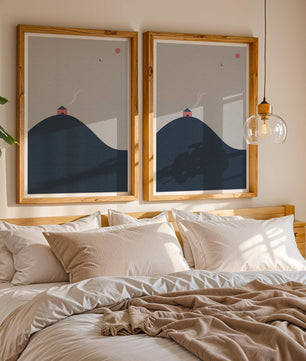 Minimalistische Landschaft mit Haus auf einem Hügel und Sonnenuntergang