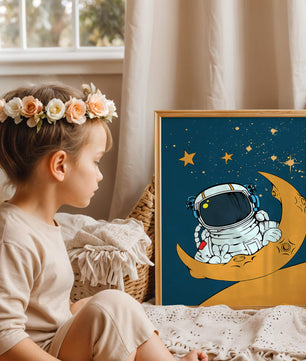 Charming Astronaut Sitting on a Crescent Moon with Stars in Space - Mi tienda
