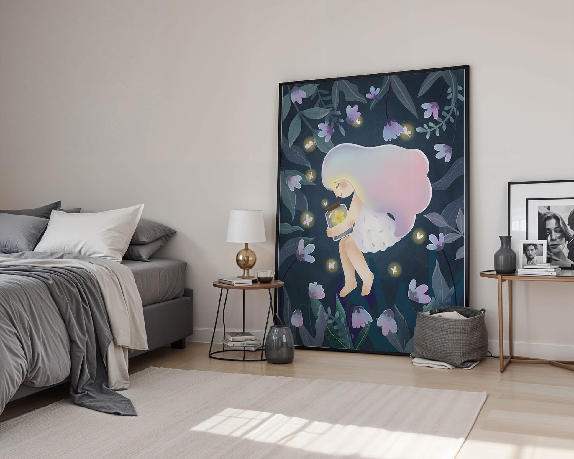 Illustration of a girl with glowing jar in moonlit garden