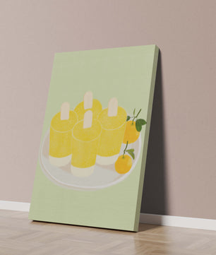 Illustration de sucettes glacées jaunes et d'oranges sur une assiette