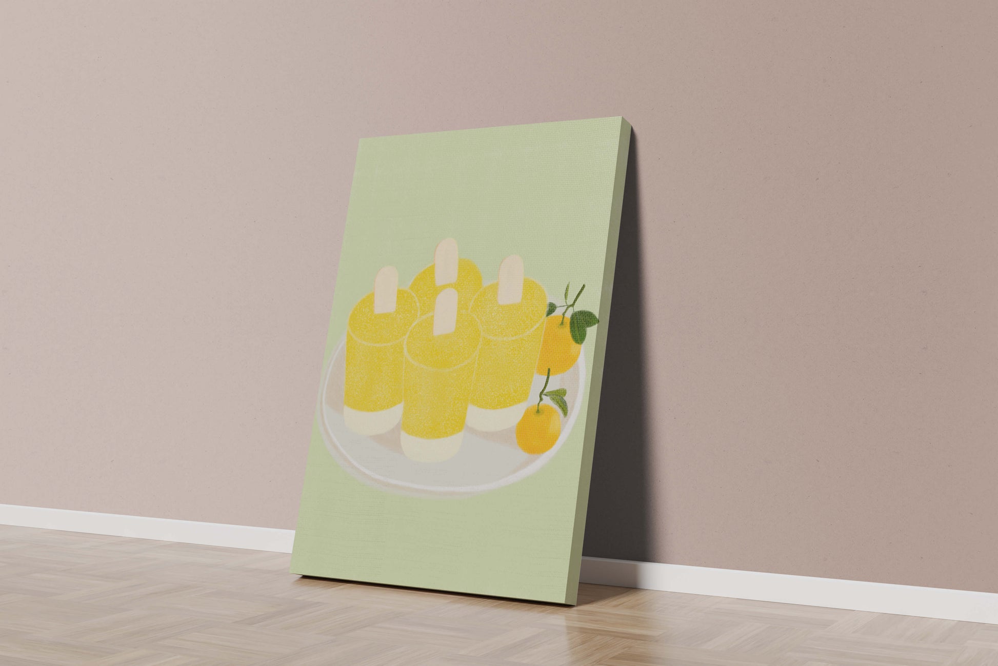 Illustration of yellow popsicles and oranges on a plate
