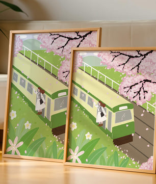 Escena de cerezos en flor y tren en un paisaje primaveral