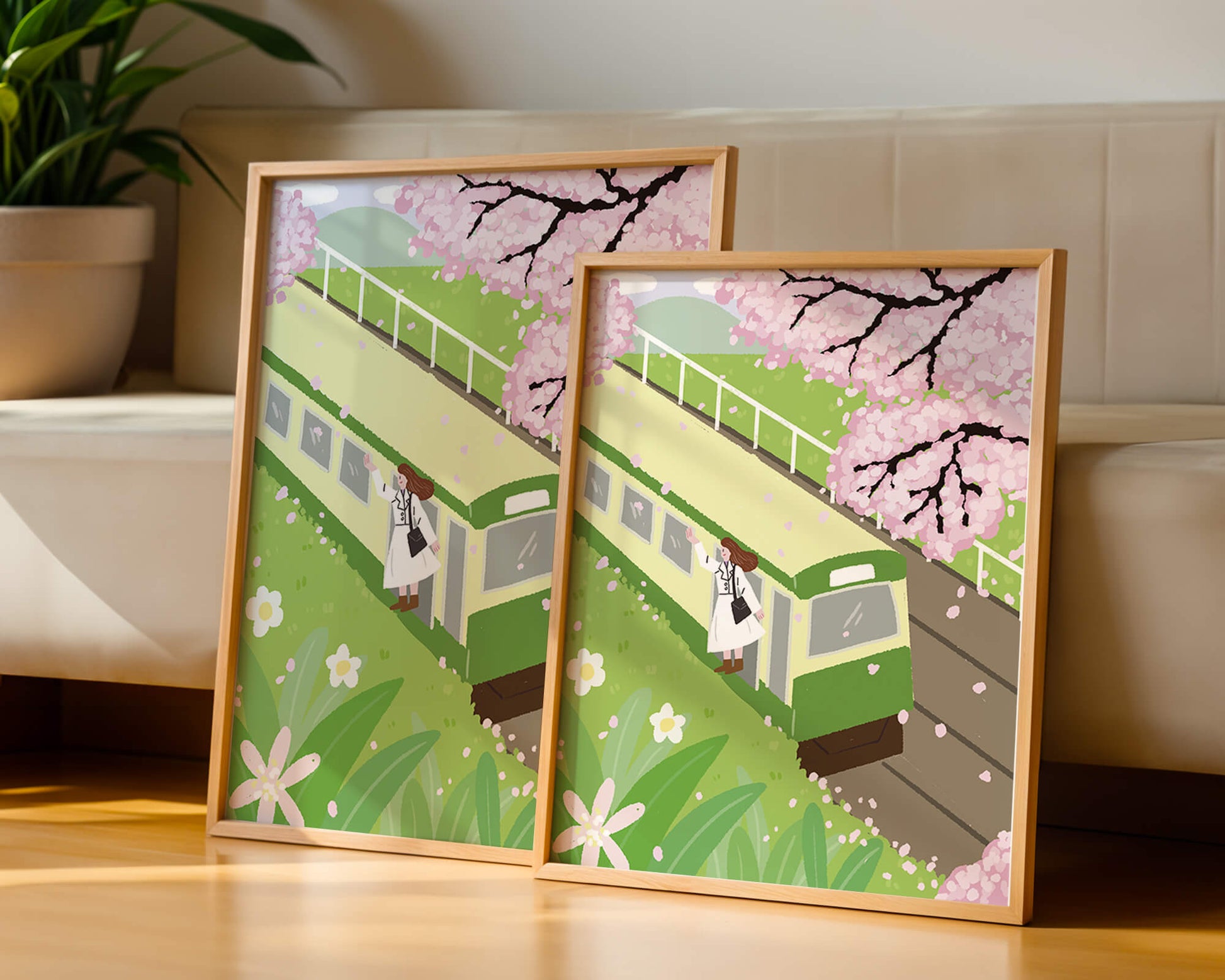 Cherry Blossoms and Train Scene in Spring Landscape