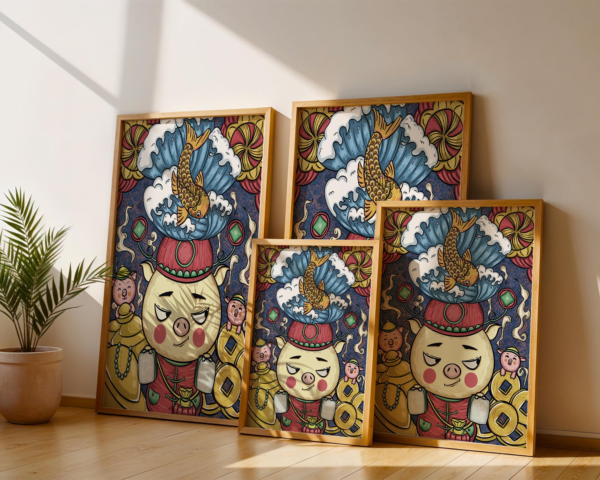 Colorful illustration featuring a whimsical pig and koi fish with decorative elements