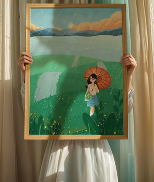 Girl with Umbrella in Rainy Meadow
