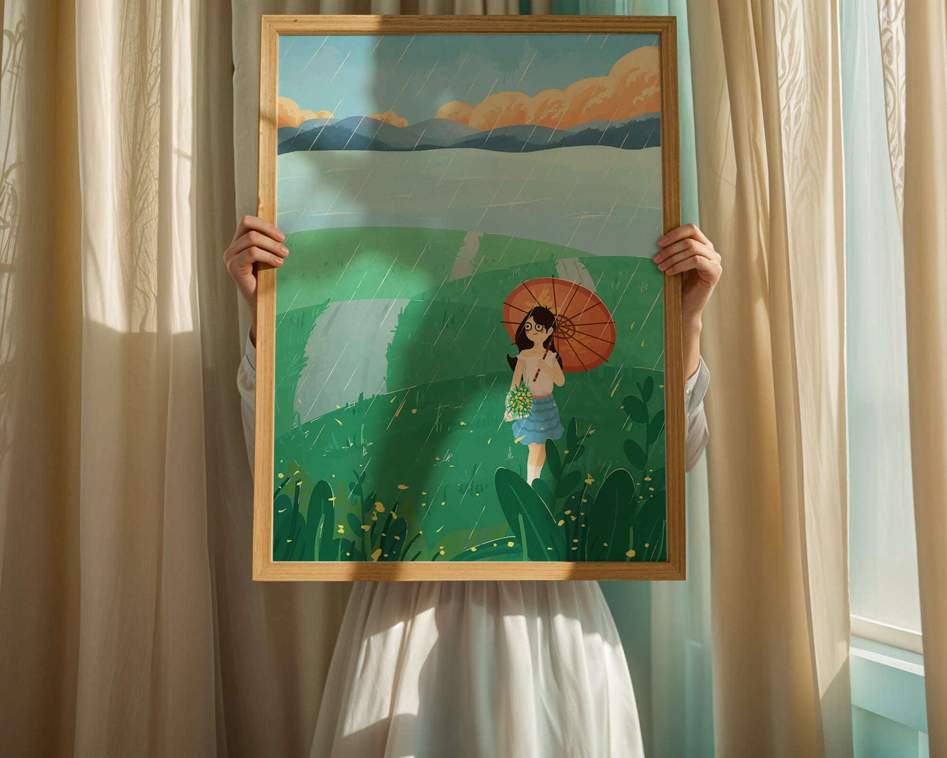 Girl with Umbrella in Rainy Meadow