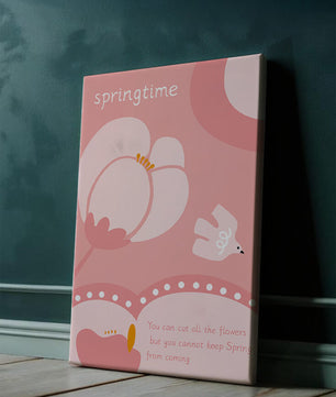 Springtime illustration with flowers and bird on pink background