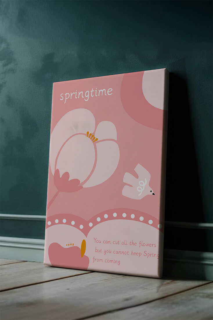 Springtime illustration with flowers and bird on pink background