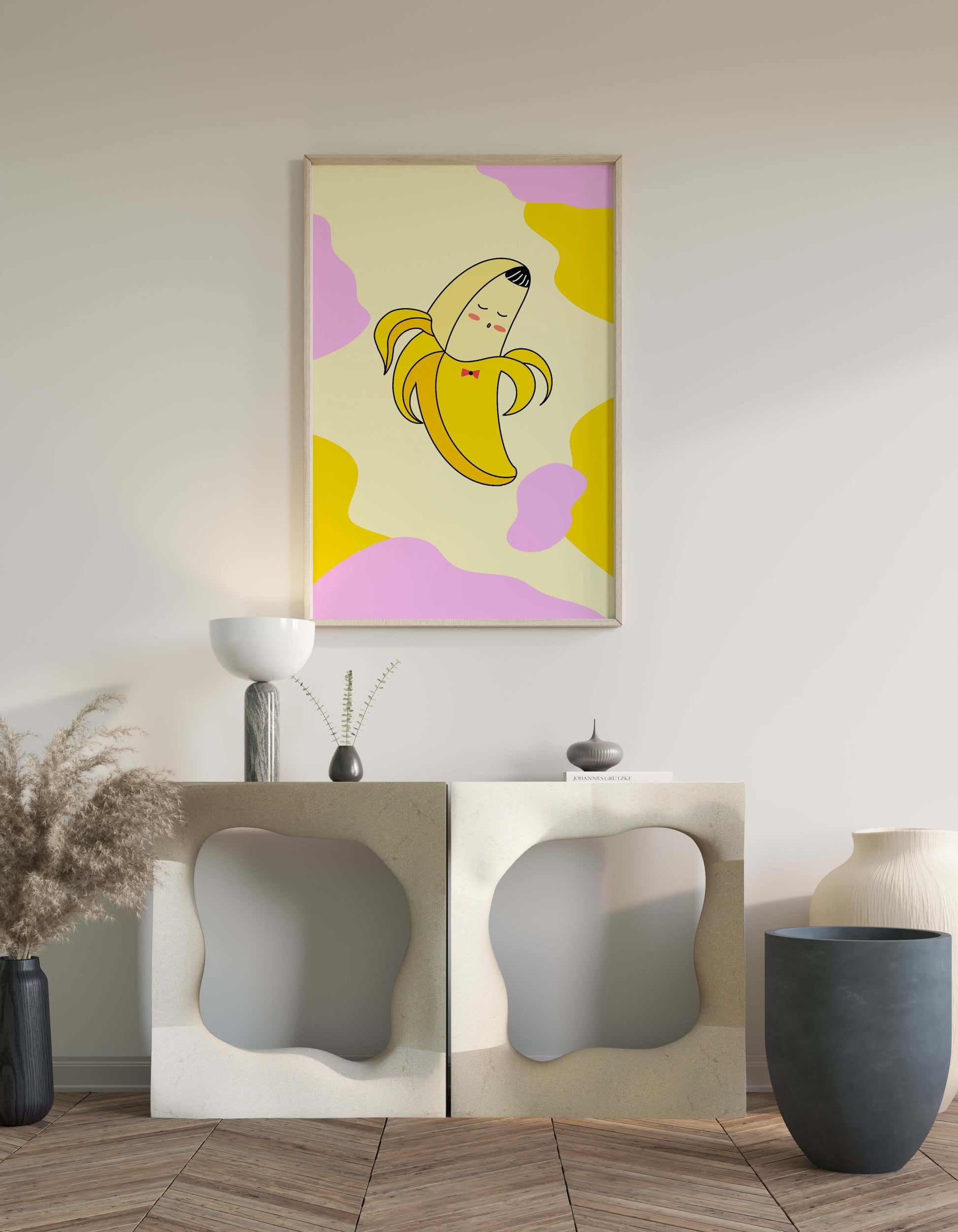 Quirky animated banana with bow tie on colorful abstract background